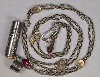 Victorian.  925 Silver Mini Perfume Bottle Cylinder (chatelaine Style) Necklace
