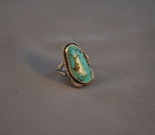 Vintage Navajo Indian Sterling Ring - Turquoise Stone & 2 Silver Leaves - Sz 10