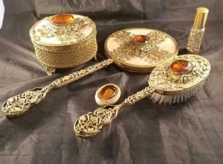 Vintage Dresser Set Brush Mirror Trinket Box Amber Stone Gold Gilt Ormolu Vanity