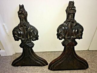 Rare Antique 18th Century? Gothic Figural Carved Oak Church Pew Ends Bench Ends