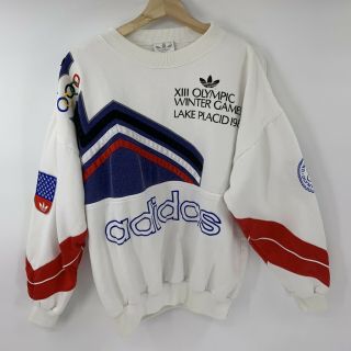 Vtg Adidas 1932/1980 Lake Placid Winter Olympics Sweatshirt L Ski Spellout C6