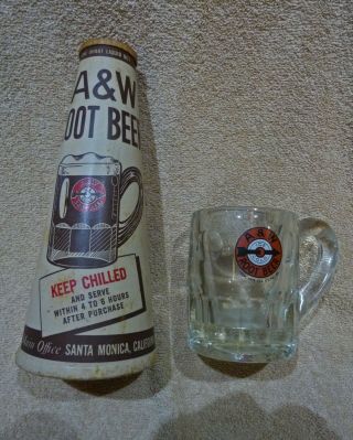 Vintage 1950s A&w Root Beer Waxed Quart Kone & 1950s Glass Mug