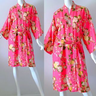 Vintage 70s Japanese Silk Kimono Dress Floral Psychedelic Pink Belted Medium