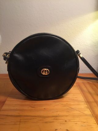 Rare Vintage Gucci Gg Monogram Navy Leather Canteen Round Crossbody/shoulder Bag