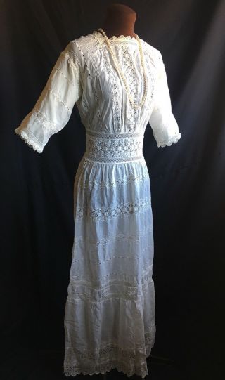 Pretty 1910s Antique Embroidered Lace Batiste Summer Dress