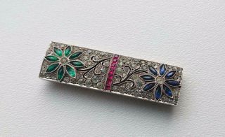 German Art Deco 935 Silver Diamond Ruby Emerald & Sapphire Paste Brooch 1920 