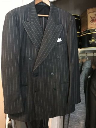 Men’s Vintage 1940’s 2 Pc Charcoal Gray Cable Stripe Wool Double Breasted Suit