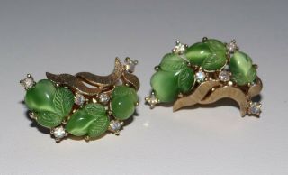 Estate Vintage Trifari Carved Jade Color Stones & Rhinestones Earrings