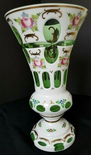 Vintage Czech Bohemian Crystal Cased Vase White Cut To Green