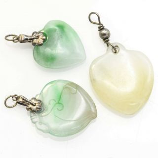 Vintage Sterling Silver Carved Green Jade Heart Pendant Set Of 3 12.  1 G