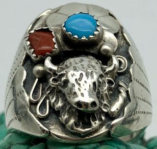 Huge Navajo Turquoise Coral Buffalo Ring Sterling Silver Vintage 23.  8g 12 Bison
