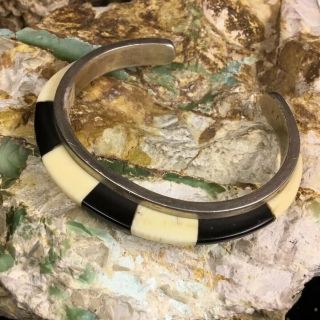 Vintage 1970’s Native American Sterling Silver,  Onyx & Tusk Cuff Bracelet,  26.  5g