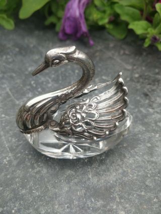 Solid Silver And Cut Glass Crystal Swan Bird Salt Cellar Articulated Wings