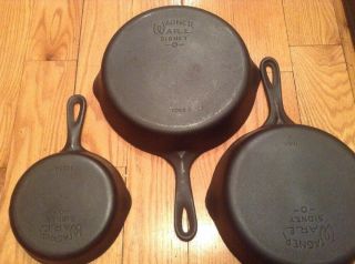 Vintage Wagner Ware Sidney - O - Cast Iron 3,  6,  8 Skillet Set - Restored