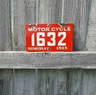 1915 Rochester Ny Porcelain Motorcycle License Plate 1632 Gas Oil Dmv Vintage