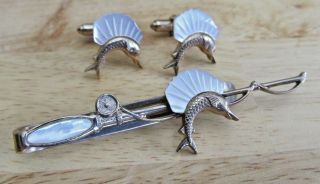 Mens Vintage Sword Fish Mother Of Pearl Cufflinks & Fishing Pole Jewelry F28