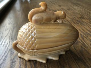Vintage Le Smith Glass Caramel Brown Slag Glass Squirrel And Acorn Covered Dish