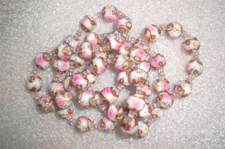 Venetian Wedding Cake Bead Necklace Strand 30 " / White Pink Roses & Gold