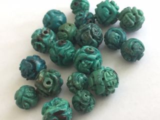 Vintage Green Blue Turquoise 20 Shou Beads 9mm - 12mm Beads Carved