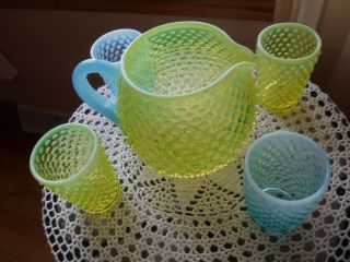 Fenton Hobnail Topaz Opalescent Squat Jug With Blue Handle And 4 Tumblers Rare