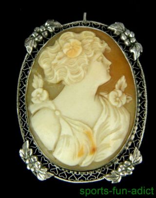 Vintage 14k White Gold Cameo Shell Maiden Filigree Frame Pin Brooch Pendant