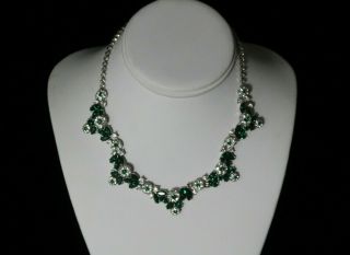 Vintage Signed Trifari Emerald Green & Clear Rhinestone Flower Necklace