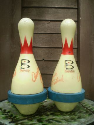 Vintage Brunswick Score King Bowling Pins Wood Plastic Coated Signed By Players