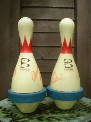 Vintage Brunswick Score King Bowling Pins Wood Plastic Coated Signed by Players 2