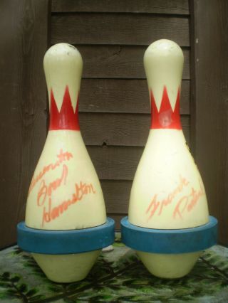 Vintage Brunswick Score King Bowling Pins Wood Plastic Coated Signed by Players 3