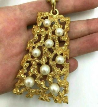 Crown Trifari Extra Long 32 " / 38 " Double Necklace Pearl Nugget Pendant Gold
