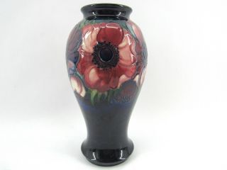 Vintage 9 " Signed Moorcroft Blue Vase With Anemone Floral Design