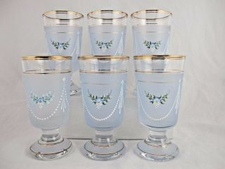 Vtg Frosted Crystal Gold Trim Footed Water Glasses Hand Painted Floral Set Of 6
