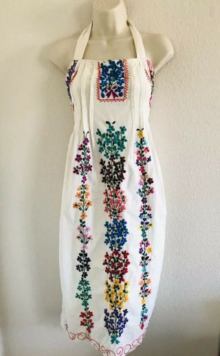 Vintage 1970s Off White Embroidered Floral Halter Midi Dress Festival Boho