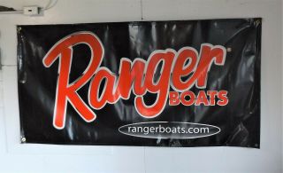 Vintage Ranger Boats Advertising Sign,  Black Vinyl Dealer Banner,  6 Ft.  X 3 Ft.