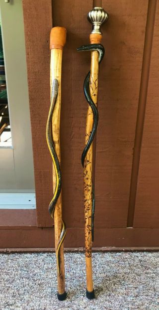 Folk Art Hand Carved Snake Walking Sticks/canes Both For One Price 39 " & 37 " Exc