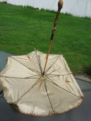 Parasol Umbrella Antique Gold Silk Canopy Ornate Wood Handle Victorian