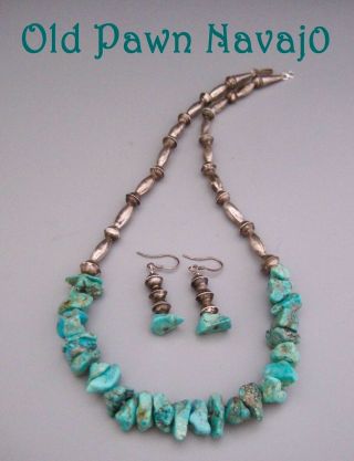 Chunky Vintage Old Pawn Navajo Sterling & Green Turquoise Necklace & Earrings