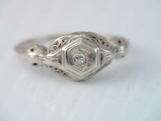 Vintage Art Deco Solid 14k White Gold Filigree Mine Cut Diamond Ring $9.  99
