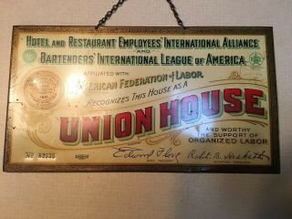 Vintage Union House Tin Advertising Sign Afl - Cio Hotel Restaurant Bartenders