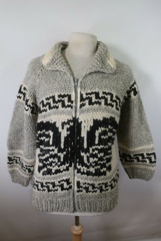 A07340 Vtg Hand Knit Shawn Collar Cowichan Sweater