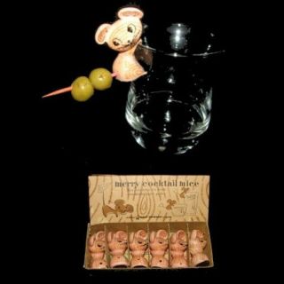 RARE Holt Howard MERRY MOUSE Cocktail Cherries & Olives Pixie Holders CUTE 2