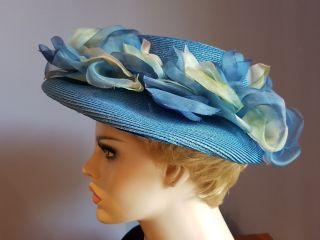 Antique Vintage Straw Hat 1930 Art Deco Theater Gwen Pennigton Blue,  Flowers