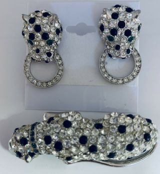 Vintage Kenneth Jay Lane Kjl Leopard Silver Tone Clip On Earrings/matching Pin