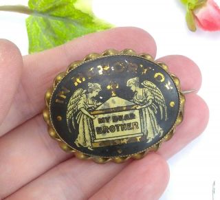 Antique Victorian Yellow Metal Enamel Mourning Brooch - In Memory Of My Brother