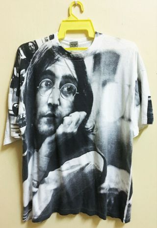 Vintage John Lennon The Beatles Allover Print T - Shirt Rock Tour Concert Promo