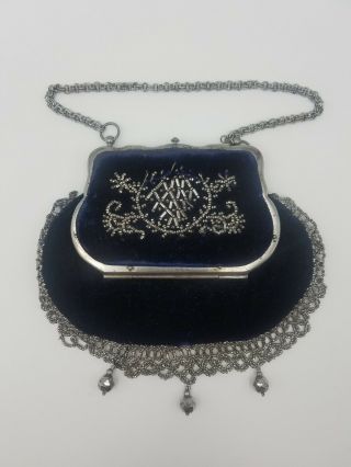Antique Victorian Edwardian French Breveté Beaded Velvet Bag & Coin Purse 3