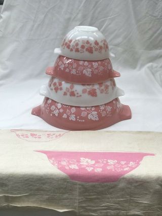 Vintage Pyrex Pink Gooseberry Cinderella Bowl Set With Matching Dish Towel