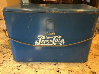 Vintage 1950s Blue Pepsi Metal Cooler Ice Chest With Attached Lid