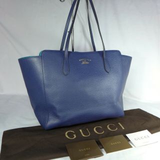 Authentic Rare Gucci Swing Blue Leather Large Tote Shoulder Handbag Purse Ex Con
