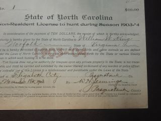 1903 NORTH CAROLINA NON - RESIDENT HUNTING LICENSE,  PASQUOTANK COUNTY,  FIRST ISSUED 2
